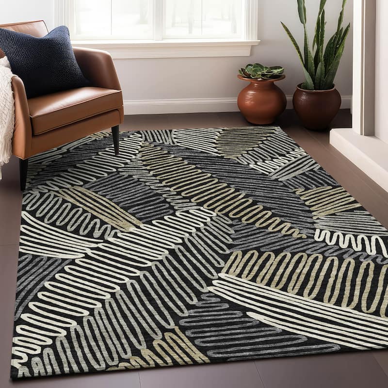 Premium Washable Super Soft Contemporary Leaf Mayfield Rug - Black - 10' x 14'