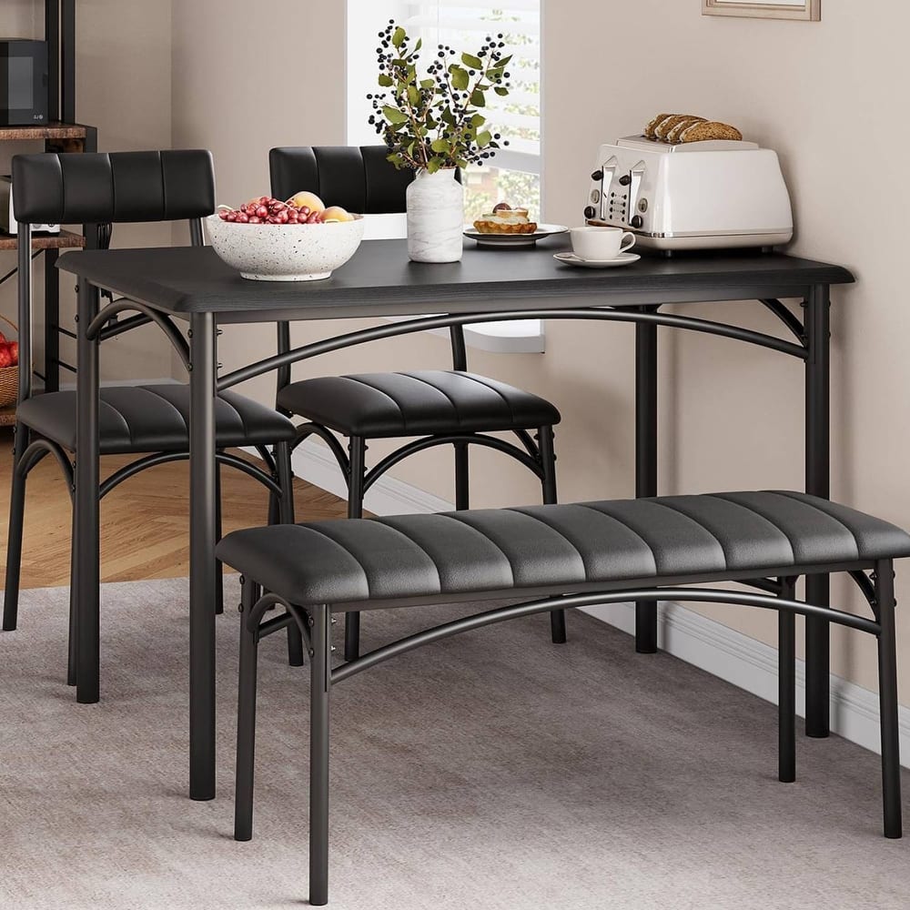 Industrial Dining Table Set with Upholstered Chairs and Bench