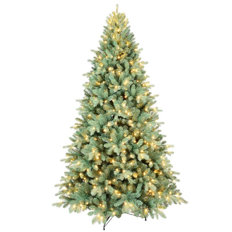 8FT Blue-Green Tint PE/PVC Christmas Tree with 650 Warm White LED Lights-2458 Tips,Full Natural Look, Metal Stand