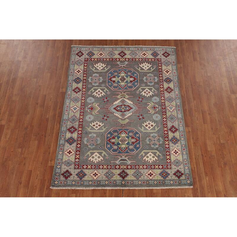 Gray Geometric Kazak Oriental Area Rug Handmade Wool Carpet - 5'0" x 6'8"