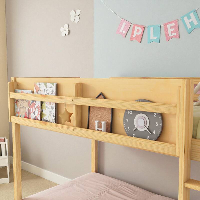 Low Twin Over Twin Floor Bunk Bed with Ladder and Shelf, Solid Wood Convertible Bunk Bed for Kids and Juniors