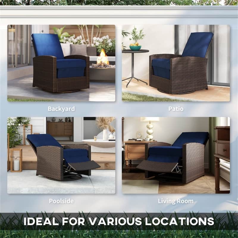 Handwoven PE Rattan Patio Recliner Chair with Swivel and Comfortable Removable Cushion - 28.75" L x 37.5" W x 37" H
