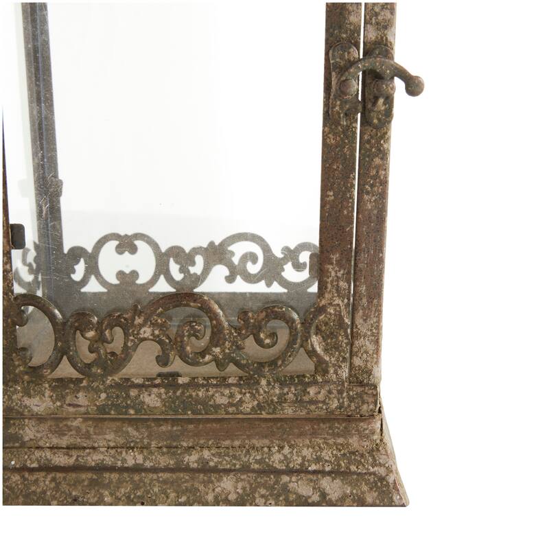 Brown Metal Distressed Vintage Inspired Ornate Scroll Indoor Outdoor Candle Lantern (Set of 2)