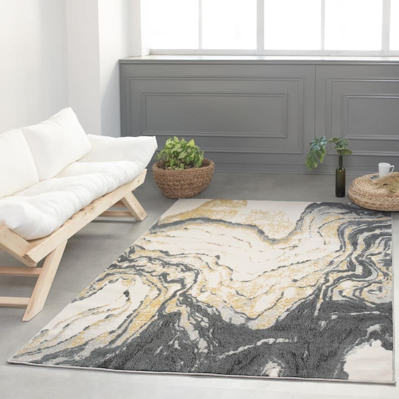 Lela Collection Neutral Ivory, Grey, and Gold Abstract Polyester Rug