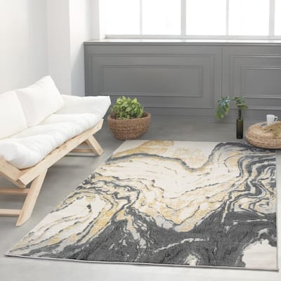 Lela Collection Neutral Ivory, Grey, and Gold Abstract Polyester Rug