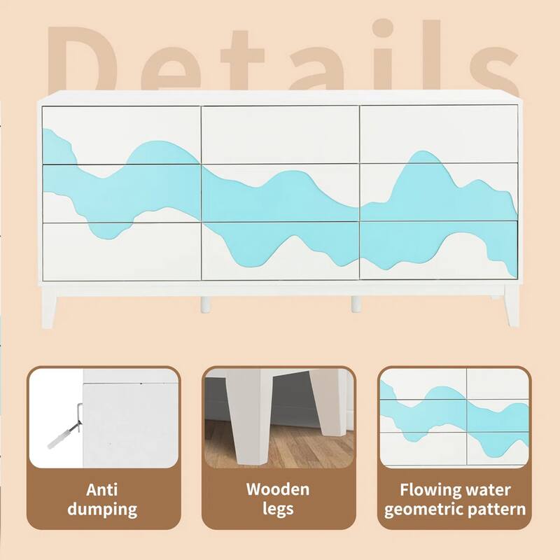 63" Wide 9 Drawer Dresser Dresser Storage Cabinet