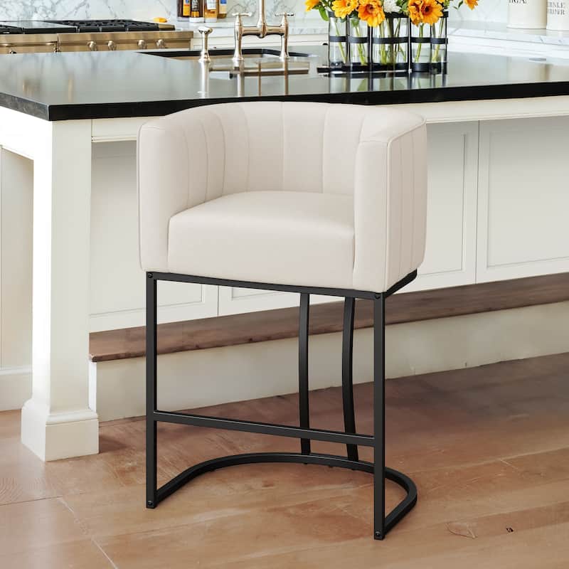 LUE BONA Modern 26.in Barstool Upholstered/PU Leather Counter Height Stool Low Back Barrel Bar Stool with Metal Frame