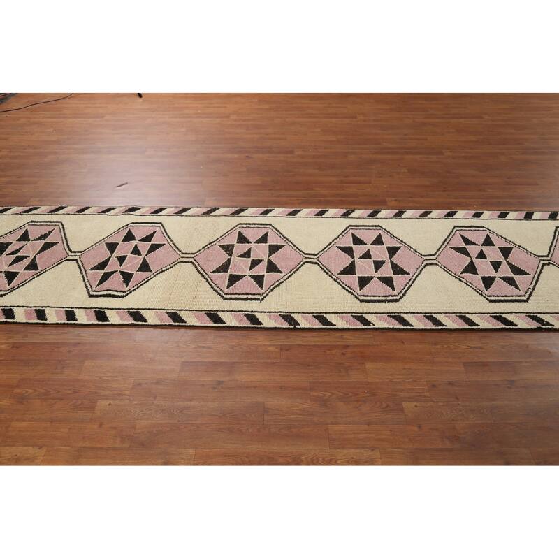 Geometric Anatolian Vintage Runner Rug Foyer Handmade Wool Carpet - 2'11"x 11'7"