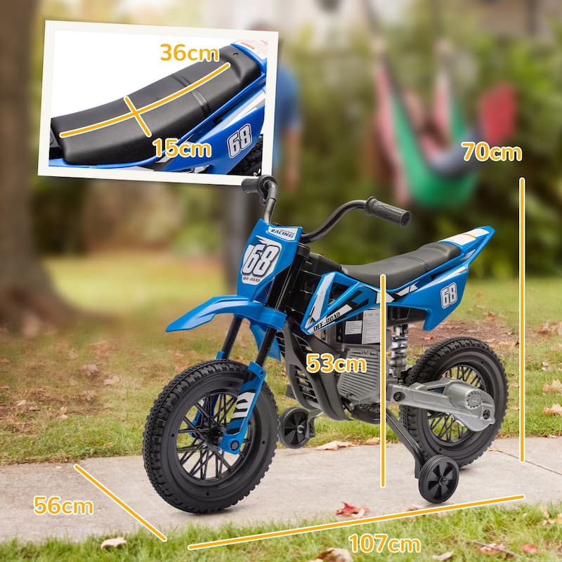 Blue Kids Dirt Bike 12V Electric Motorcycle with Training Wheels, Toddler Ride-On Motorcycle with Music