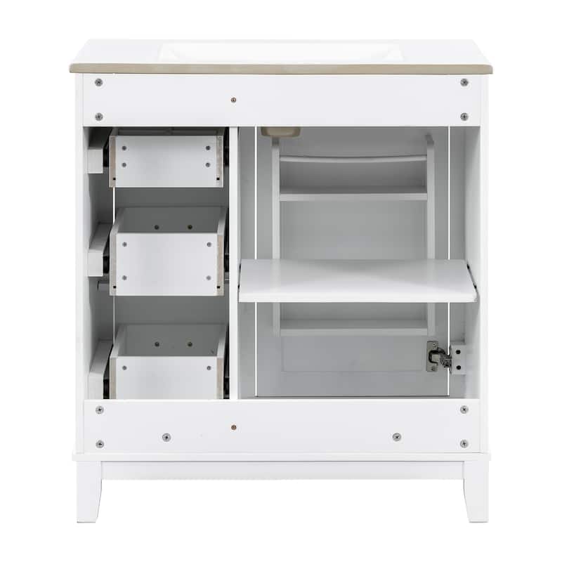GDFStudio - Tim 30" Modern Bathroom Vanity with Ceramic Sink - Rubberwood Frame, 3 Drawers & Double-Rack Door, Soft-Close