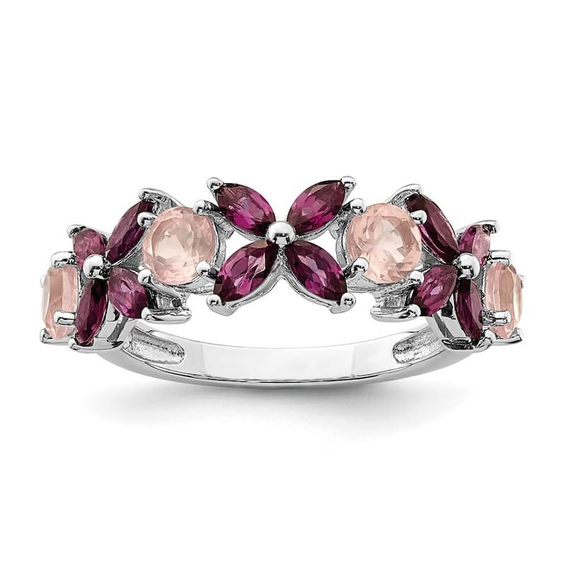 Curata 925 Sterling Silver Rhodium Plated Rose Quartz and Rhodolite Ring