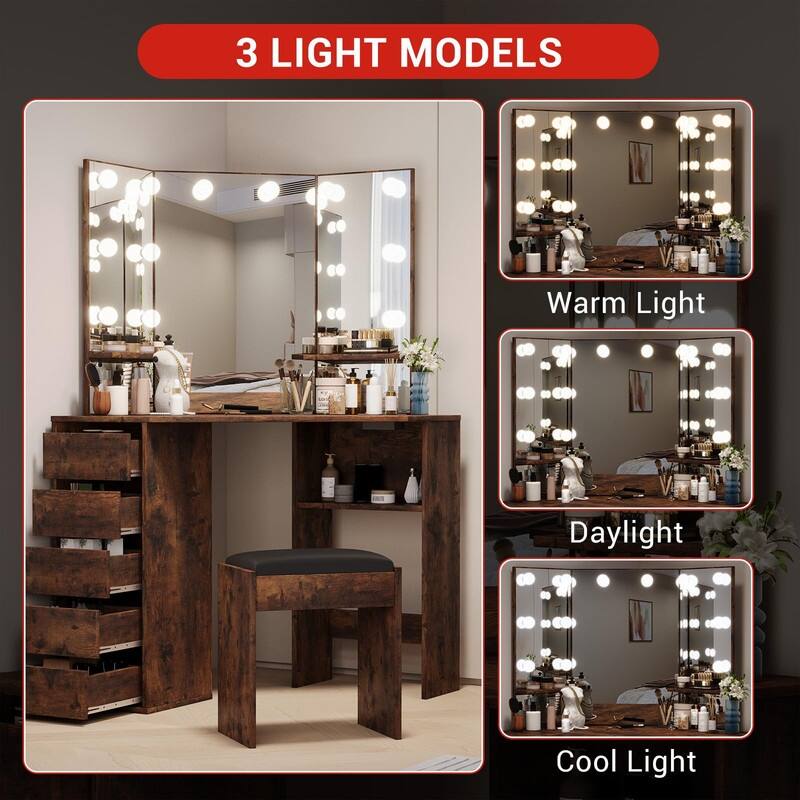 Corner Vanity Desk with Lighted Mirror and Stool, 5 Drawers, Charging Station