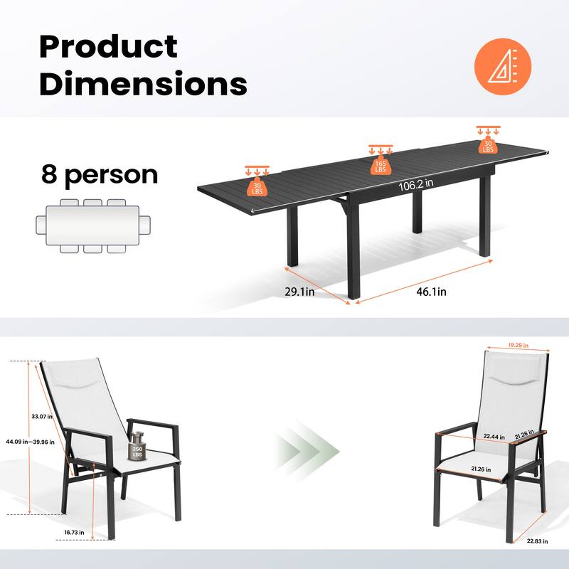 9-PC Outdoor Patio Aluminum Dining Sets Expandable Table with Adjustable Dining Chairs