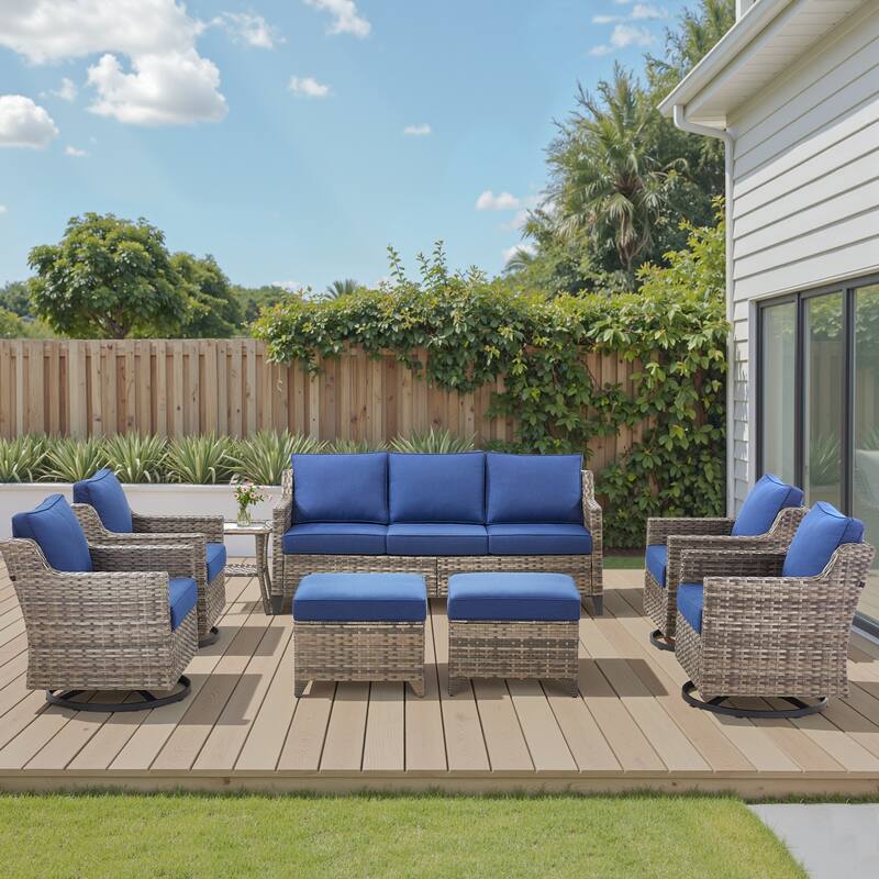 Pocassy Wicker Patio Sofa Glider Swivel Chair Ottoman Furniture Set. - Blue Cushion Gray Wicker - 8-Piece Sofa Ottoman w/ Swivel Chair Table Set