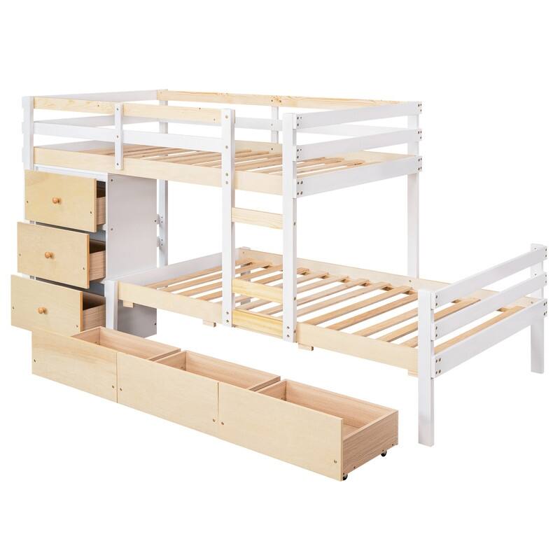 Twin over Twin Wooden Loft Bunk Bed with Drawers and Ladder