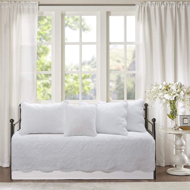 Cozy Line Victorian Medallion Floral Pure Solid White Scalloped Edge 6 Piece Microfiber Daybed Set