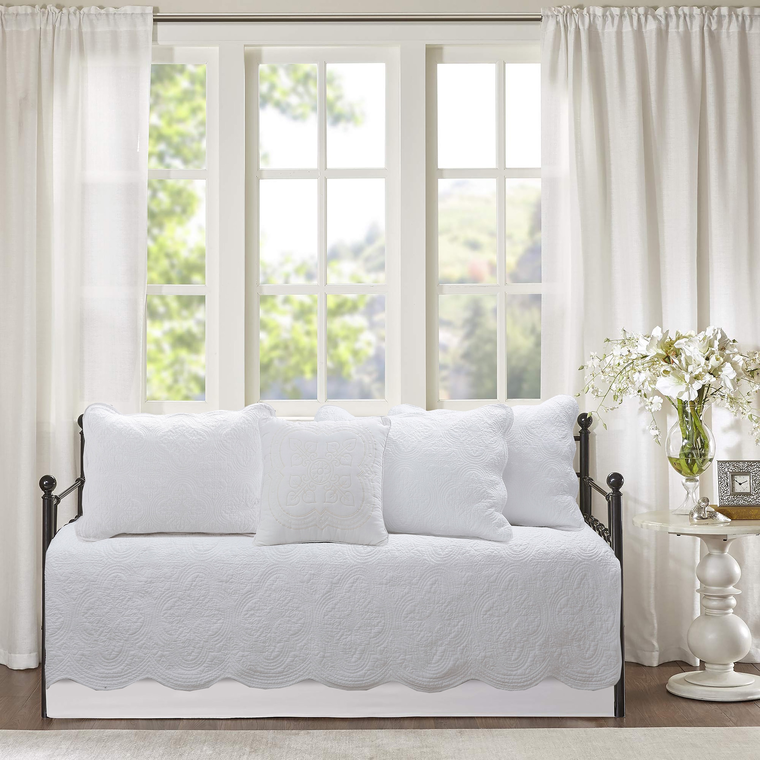 Cozy Line Victorian Medallion Floral Pure Solid White Scalloped Edge 6 Piece Microfiber Daybed Set