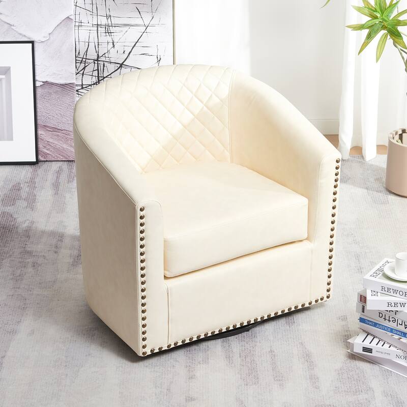 KINWELL 29" Wide Tufted PU Leather Swivel Barrel Chair