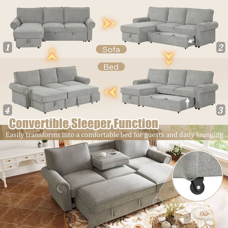 Roomfitters 95" Convertible Sectional Sleeper Sofa L-Shaped Couch with Storage Chaise and Pull Out Bed for Living Room