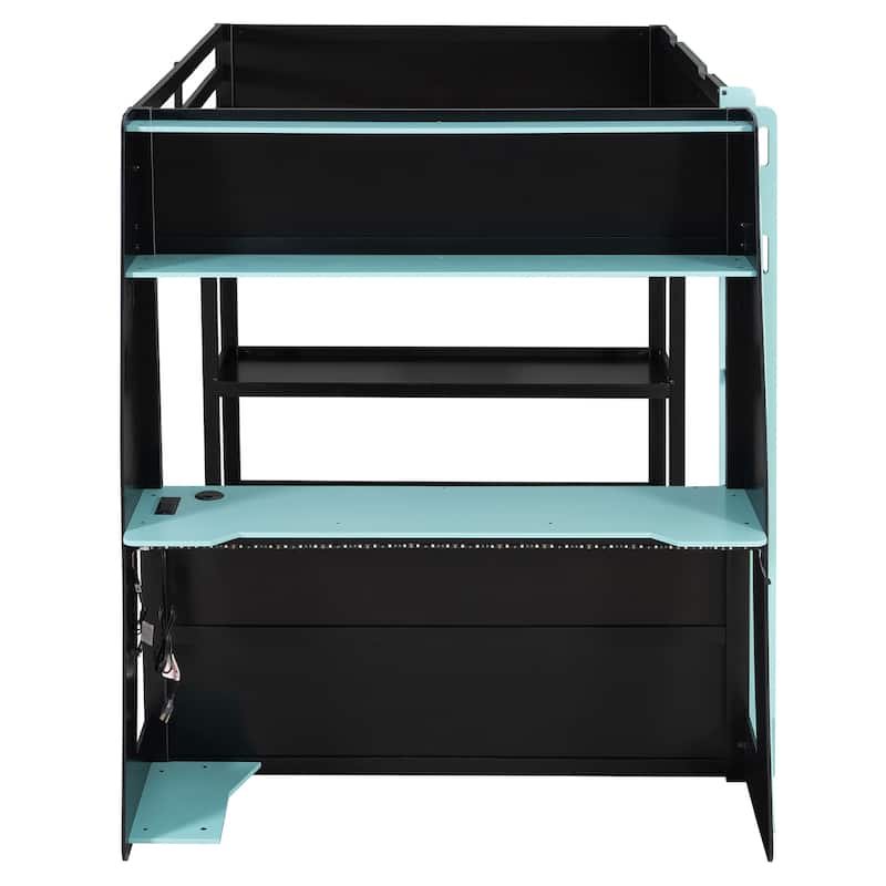 Full Size Gaming Loft Bed Station with Desk, Storage Shelves & RGB LED Lights