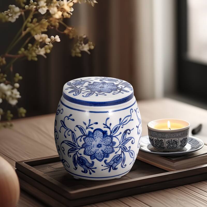 Decorative Ceramic Candle with Lid - Lavender Verbena Scented Candle - 4.5" - Blue/ White