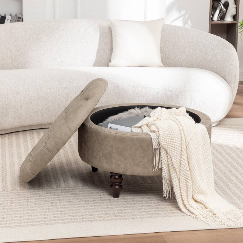 SEYNAR 29.5''Modern PU Leather Round Storage Ottoman with Wood Legs