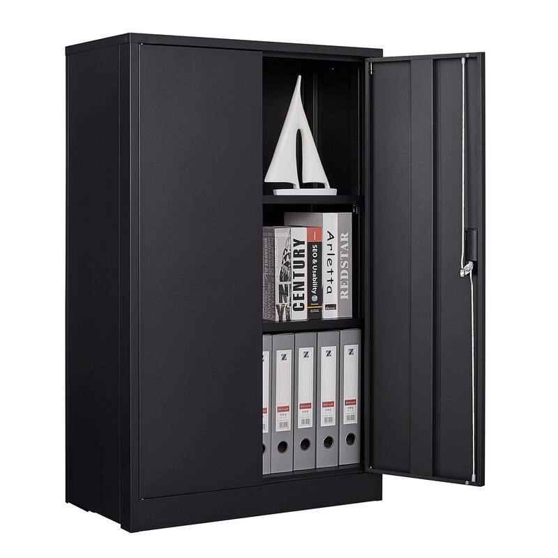 Anmytek Black Lockable Storage Cabinet with Hanging Rod and Adjustable Shelves Secure Wardrobe for Bedroom and Living Room