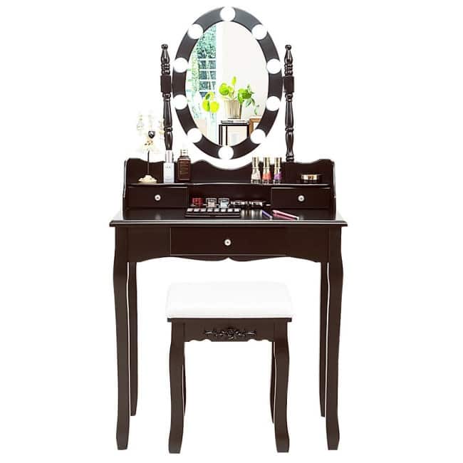 Oval Mirror Vanity Set with 10 LED Dimmable Bulbs and 3 Drawers - 29.5" x 16" x 56.5" (L x W x H)