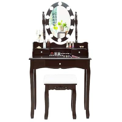 Oval Mirror Vanity Set with 10 LED Dimmable Bulbs and 3 Drawers - 29.5" x 16" x 56.5" (L x W x H)