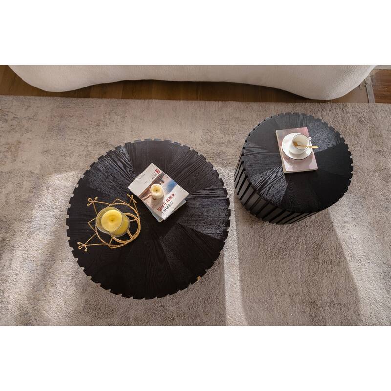 Coffee Table Nesting End Table Set of 2, Modern Black Fluted Coffee Table, Wood Side Table, Circle Accent Tables