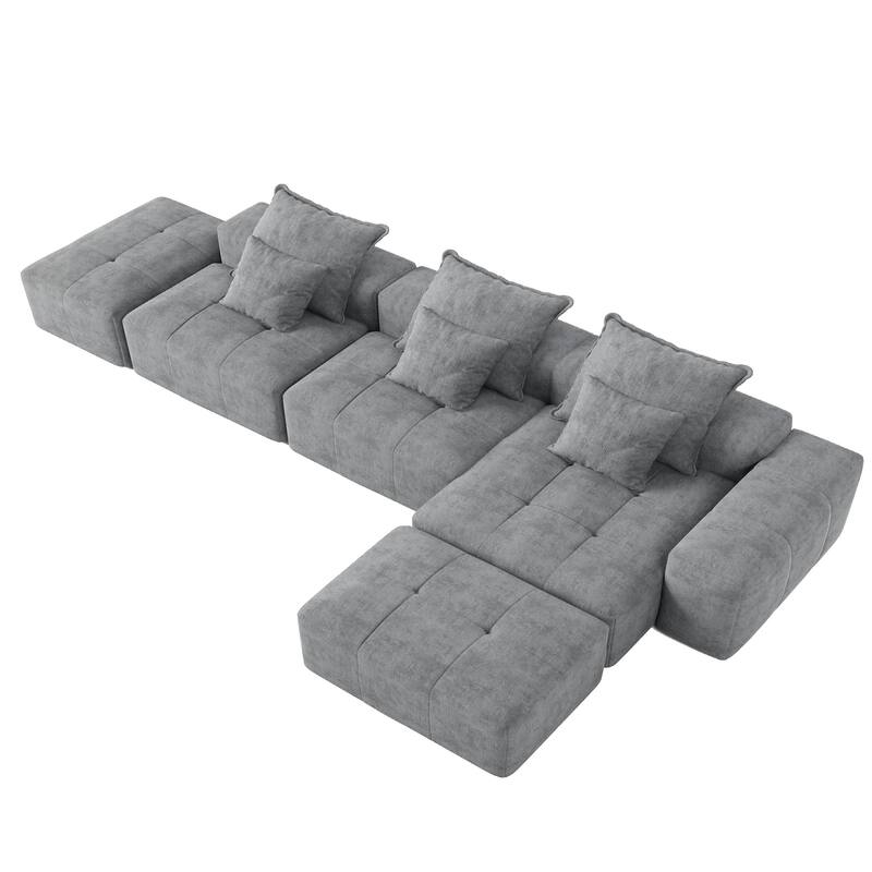 Modern Oversized Modular Sectional Sofa, Chenille Fabric Floor Couch with 6 Pillows, 5-Seater Upholstered Tufted Sofa