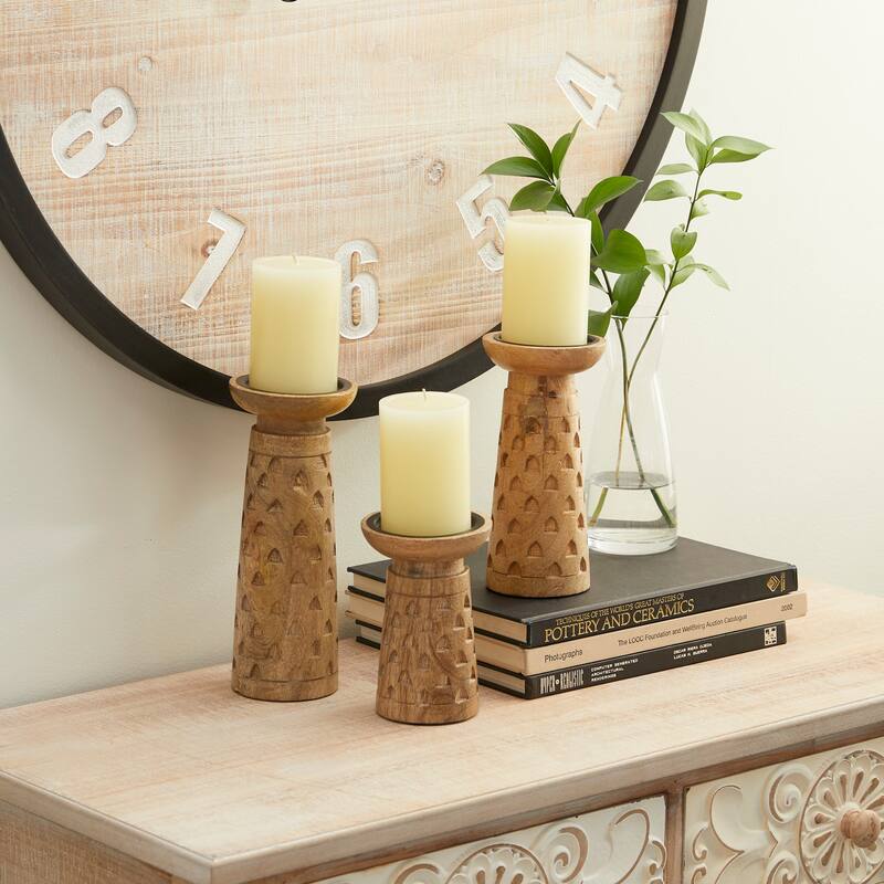 Wood Geometric Handmade Intricate Carved Pillar Candle Holder - Set of 3 Brown - Roche River Decor - 4"W x 4"L x 10"H