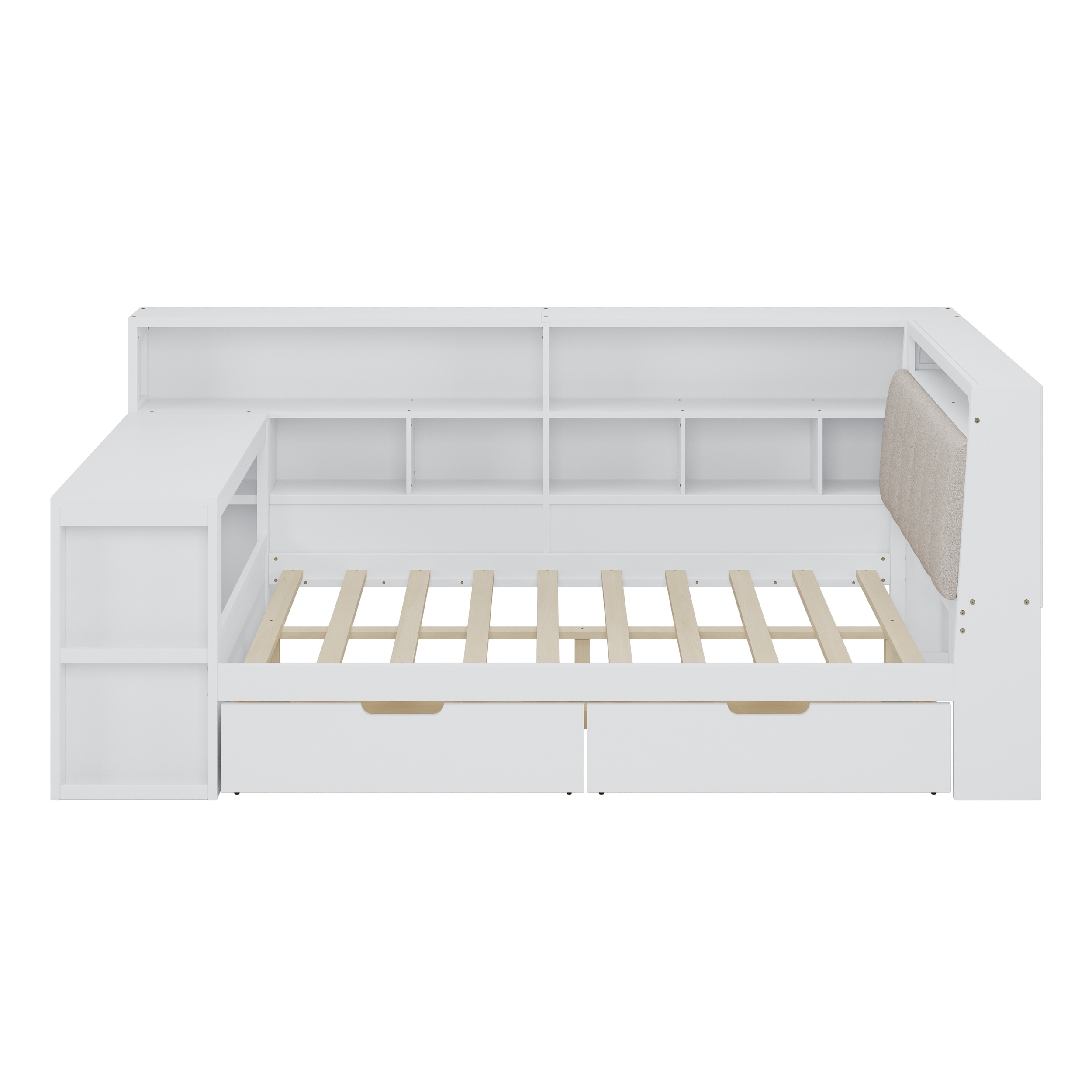 L-shaped Wooden Daybed with Desk and Bookcase, Corner Captains Bed with Upholstered Headboard, Underbed Drawers, LED Light
