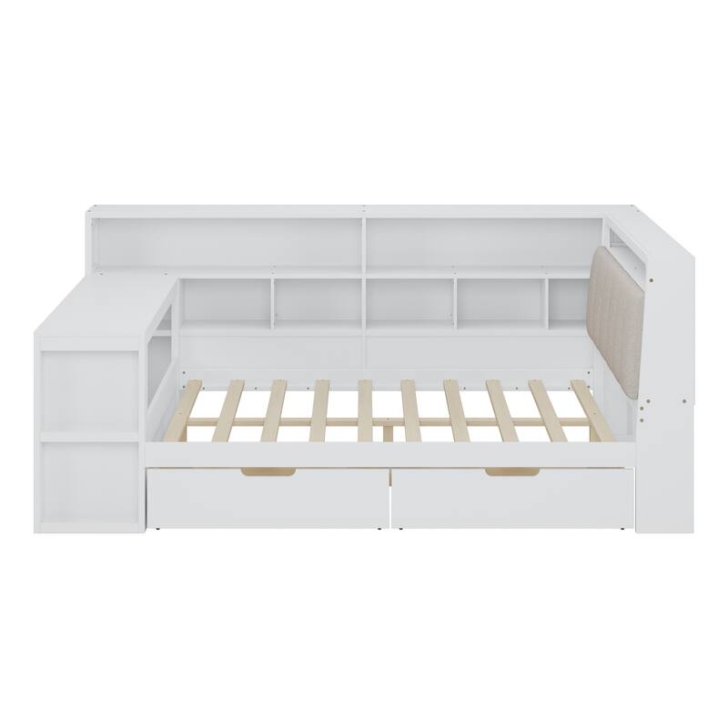 L-shaped Wooden Sofa Daybed with Desk, Bookcase Cabinet, Corner Bed with Under-bed Drawers, Upholstered Headboard Built-in Light