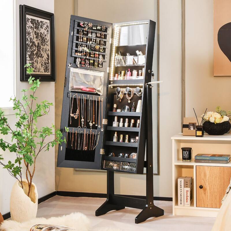 Gymax Standing Jewelry Cabinet Full Length Mirror Lockable w/ 3-Color