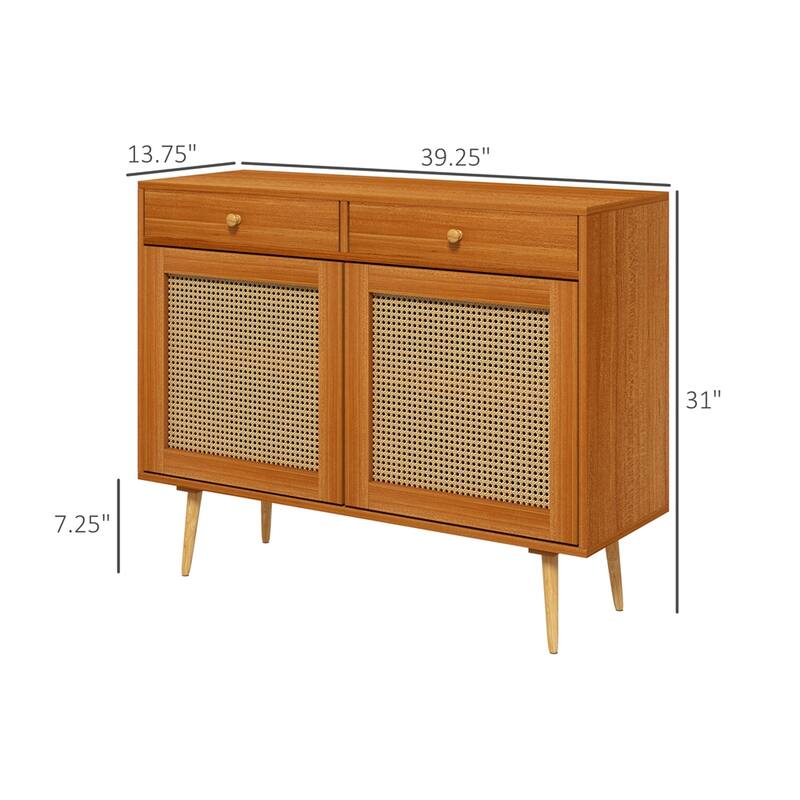 Storage Cabinet with 2 Drawers, Rattan Doors and Wooden Legs