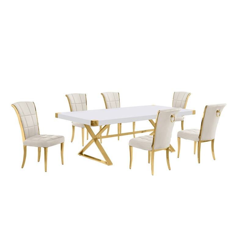 Best Quality Furniture D442/3-SC320-7 Dining Set with 94" White Lacquer Wood Top