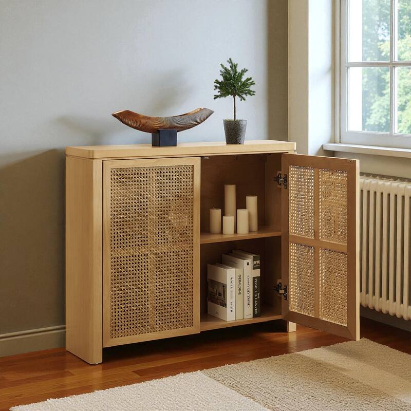 39.4" Mid-Century Modern Rattan Sideboard Buffet Cabinet with Outlet Holes, Retro Credenza Storage