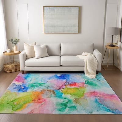 Machine Washable Indoor/ Outdoor Abstract Watercolor Chantille Rug
