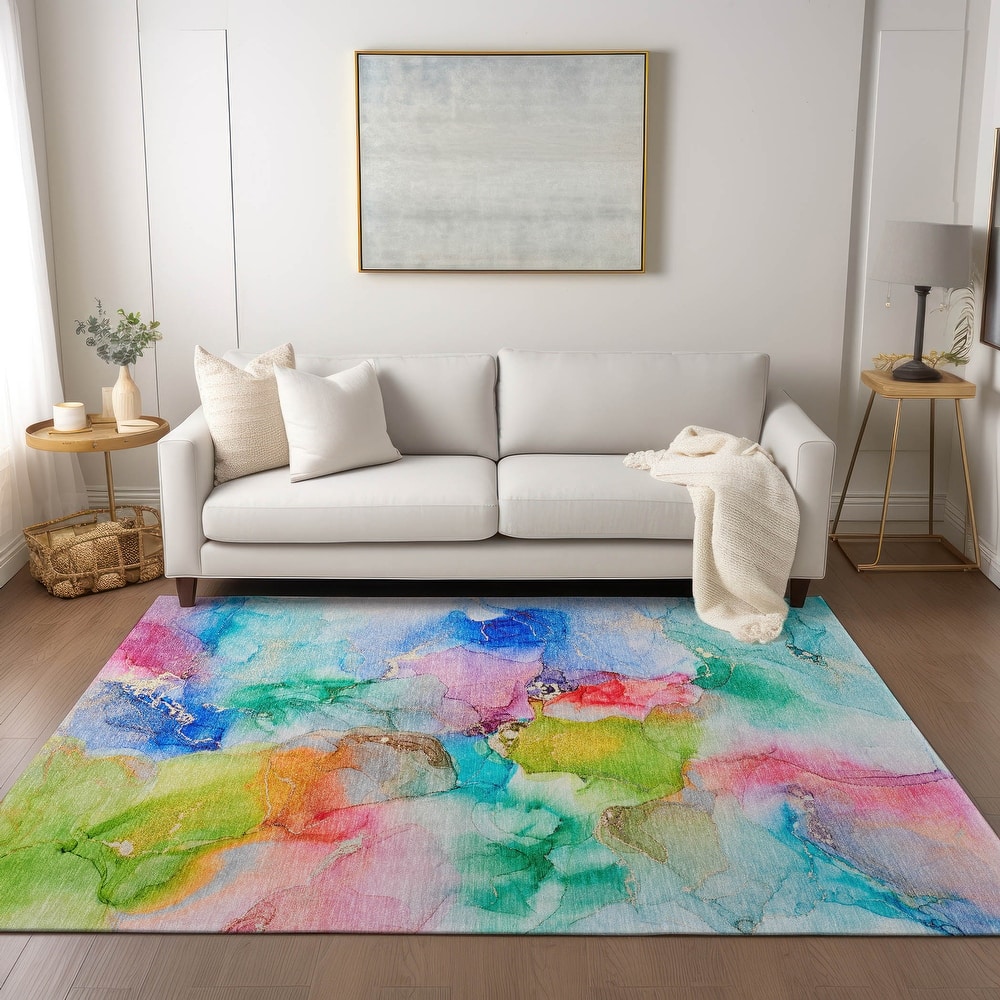 Machine Washable Indoor/ Outdoor Abstract Watercolor Chantille Rug