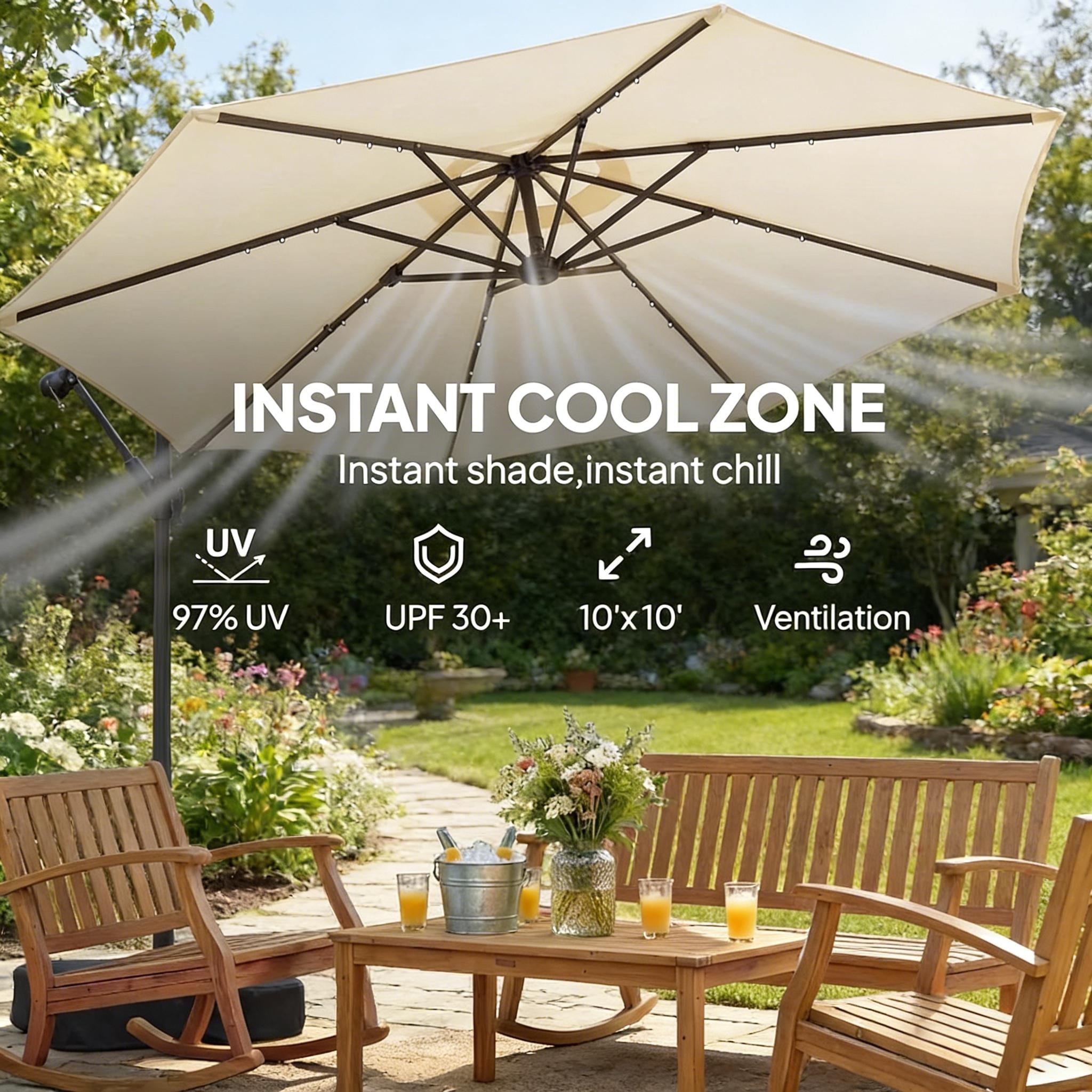 Sofucor 10 FT Patio Cantilever Umbrella,with Cross Base and Crank,Solar  Lights,with Sturdy 8 Rids for Pool,Backyard, Porch