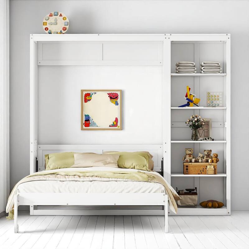 Full/Queen Size Murphy Wall Bed with Shelves, Foldable Cabinet Bed with Storage, Plywood MDF Frame