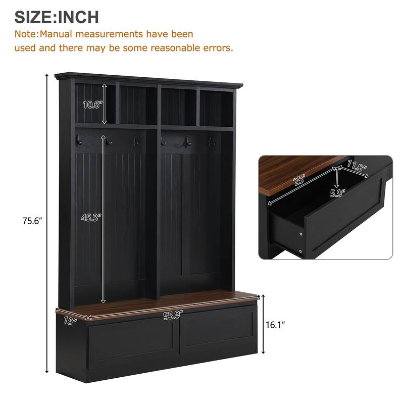 Farmhouse 4-In-1 Hall Tree With Wood Grain Bench,Mudroom Versatile Coat Rack With 2 Large Drawer,Entrance Organizer