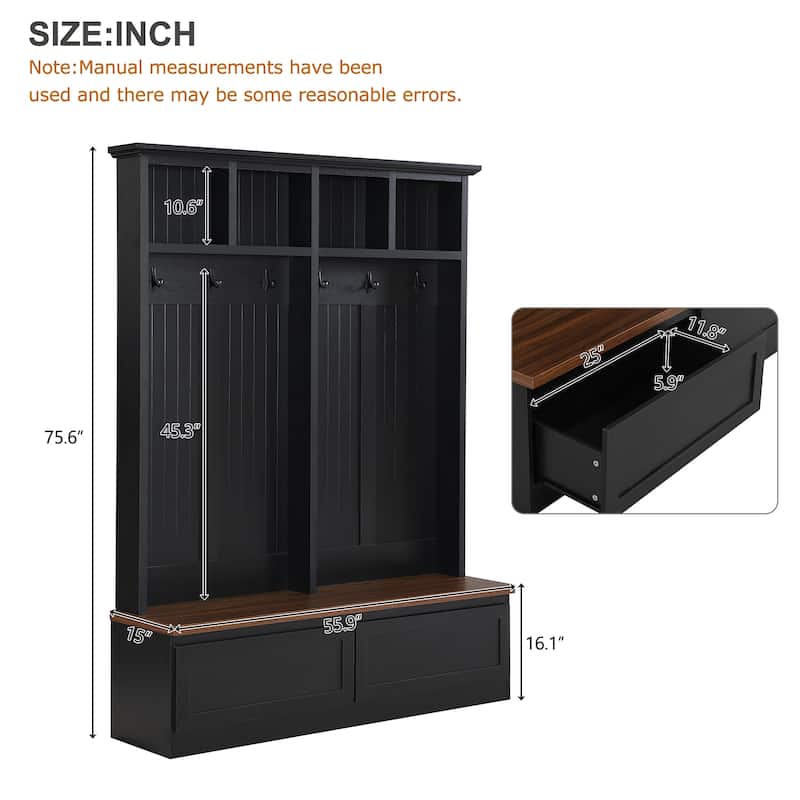Farmhouse Style 4-in-1 Hall Tree – Wood Grain Bench with Coat Rack & 2 Large Drawers – Mudroom & Entryway Organizer‌