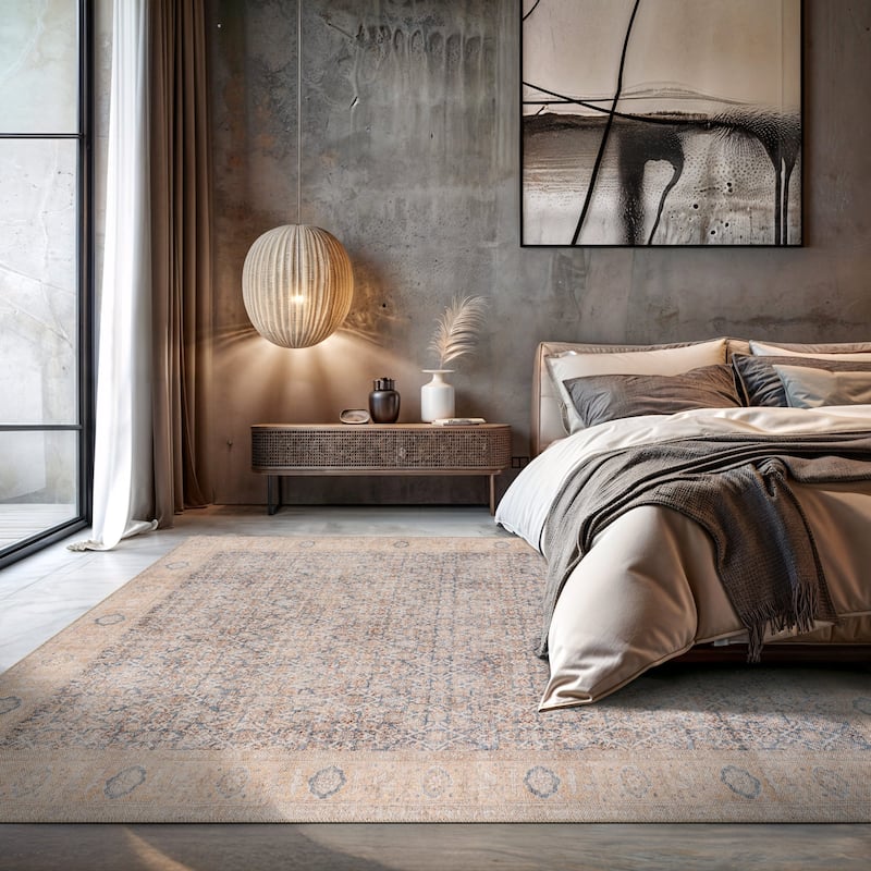 Beige Vintage Washable Rug - Low Pile, Subtle Pattern for Neutral Spaces