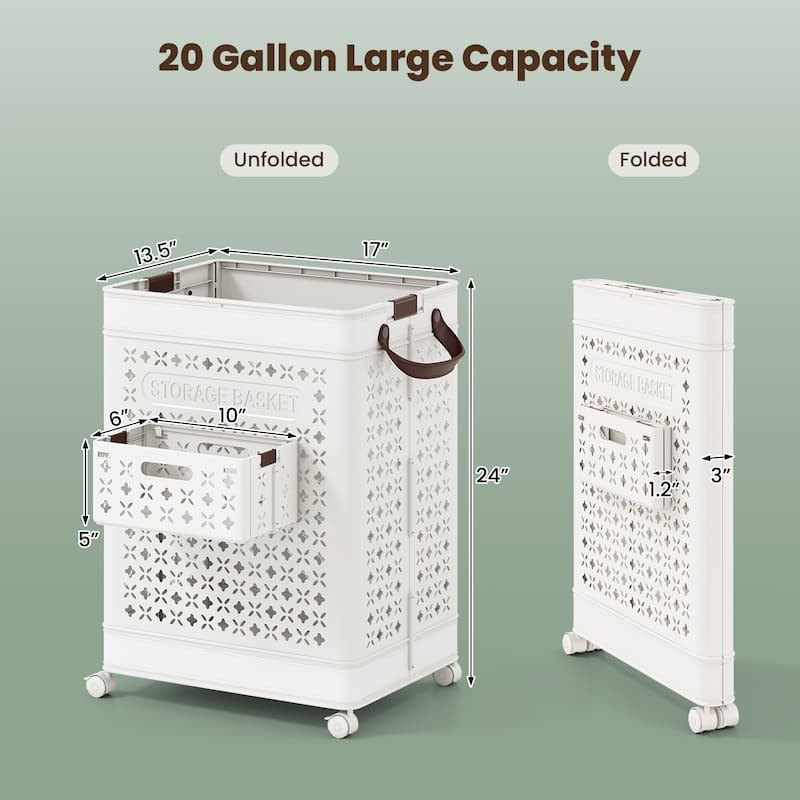 White 20 Gallon Large Capacity Foldable Laundry Clothes Basket with Wheels and Small Hanging Bin - 17" x 13.5" x 24"