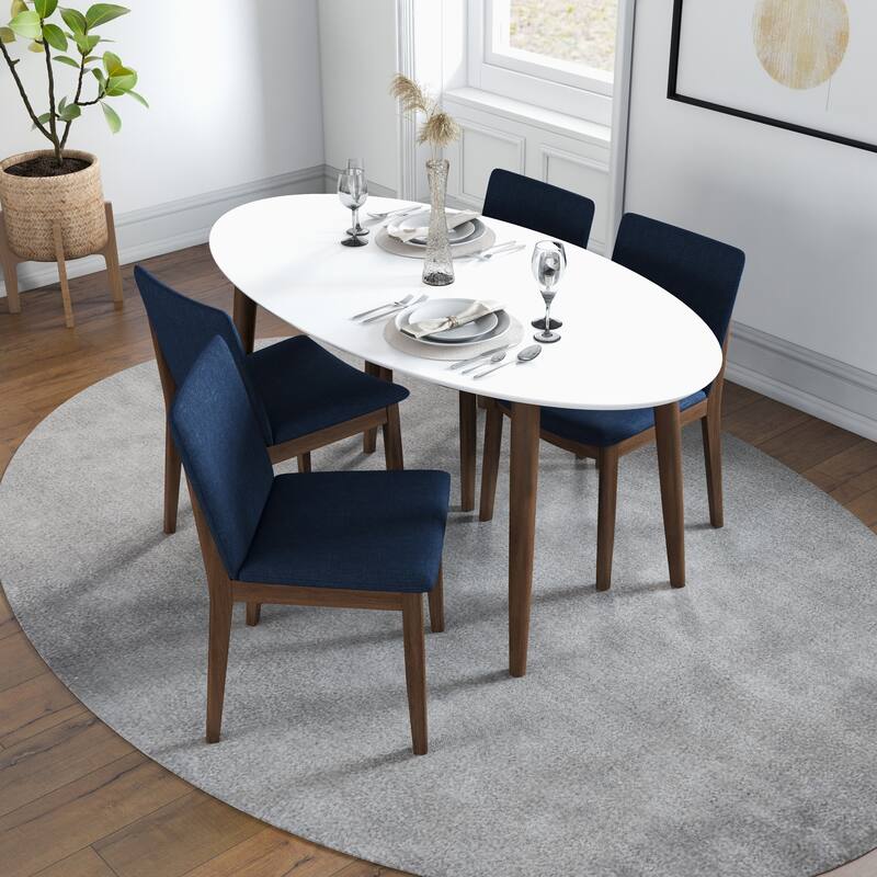 Kacia 5-Piece Mid-Century Modern Oval Dining Set with 4 Linen Dining Chairs in Blue - White