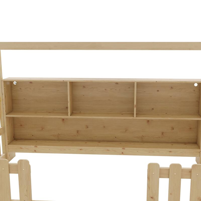 House Bed with LED Storage Bookshelf and Guardrails