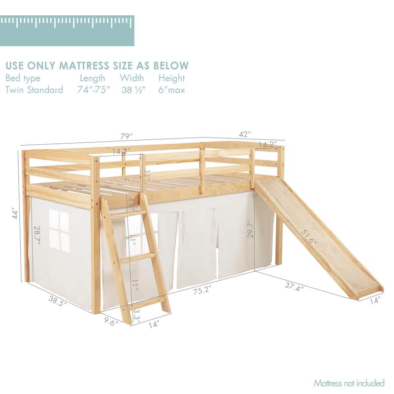 COSTARS Kids Loft Bed with Slide and Ladder, Solid Wood Twin Loft Bed with Tent and Guardrails