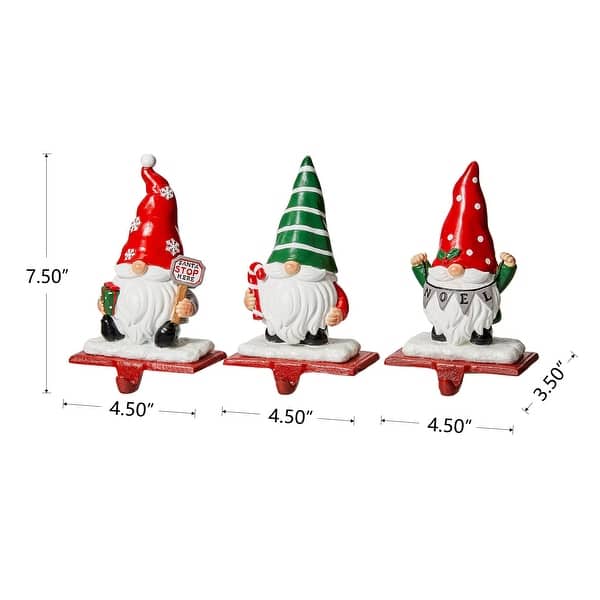 dimension image slide 0 of 3, Glitzhome Resin Santa Snowman Penguin Gnomes with JOY Christmas Stocking Holders Mantel Ornament(Set of 3)